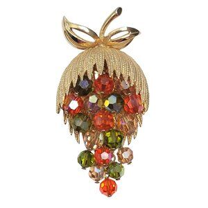 Vintage Schrager Gold Tone Green Topaz Autumn Waterfall Cluster Dangle Brooch